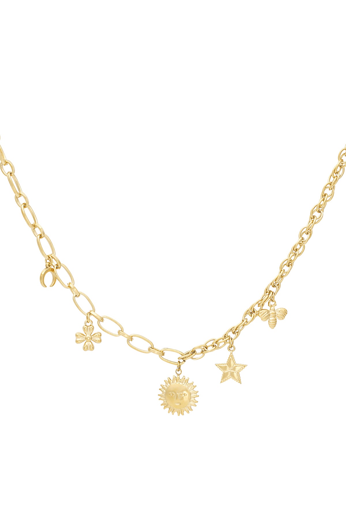 Goldene Charm-Halskette, 39+5 cm, Edelstahl, wasserdicht – Sonne & Stern
