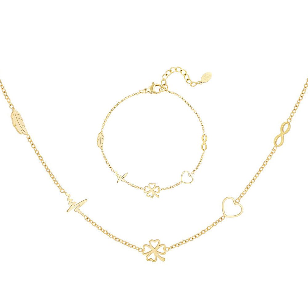 Ketten - zauberhaftes Schmuck-Set mit Kleeblatt, Herz und Feder - Gold - Beau Soleil Jewelry