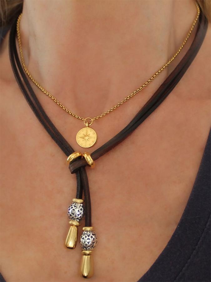 Beau Soleil Women`s Leather Necklace Gold plated Bali Style
